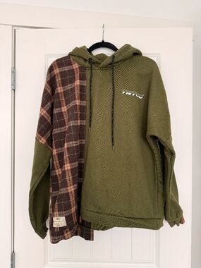 TNTCO Split Plaid Hoodie Oversized Streetwear Pullover Olive Green